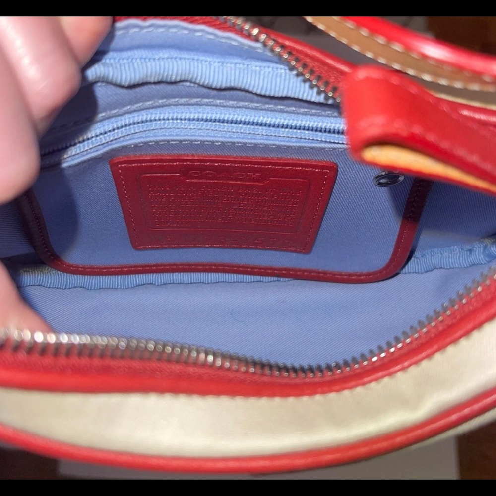 NWOT coach shoulder bag in red leather and beige canvas